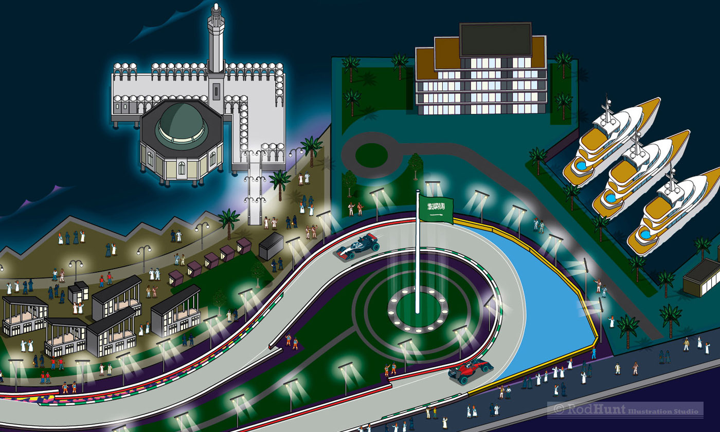 Floating Mosque F1 Saudi Arabian Grand Prix 2023 Map Illustration -
