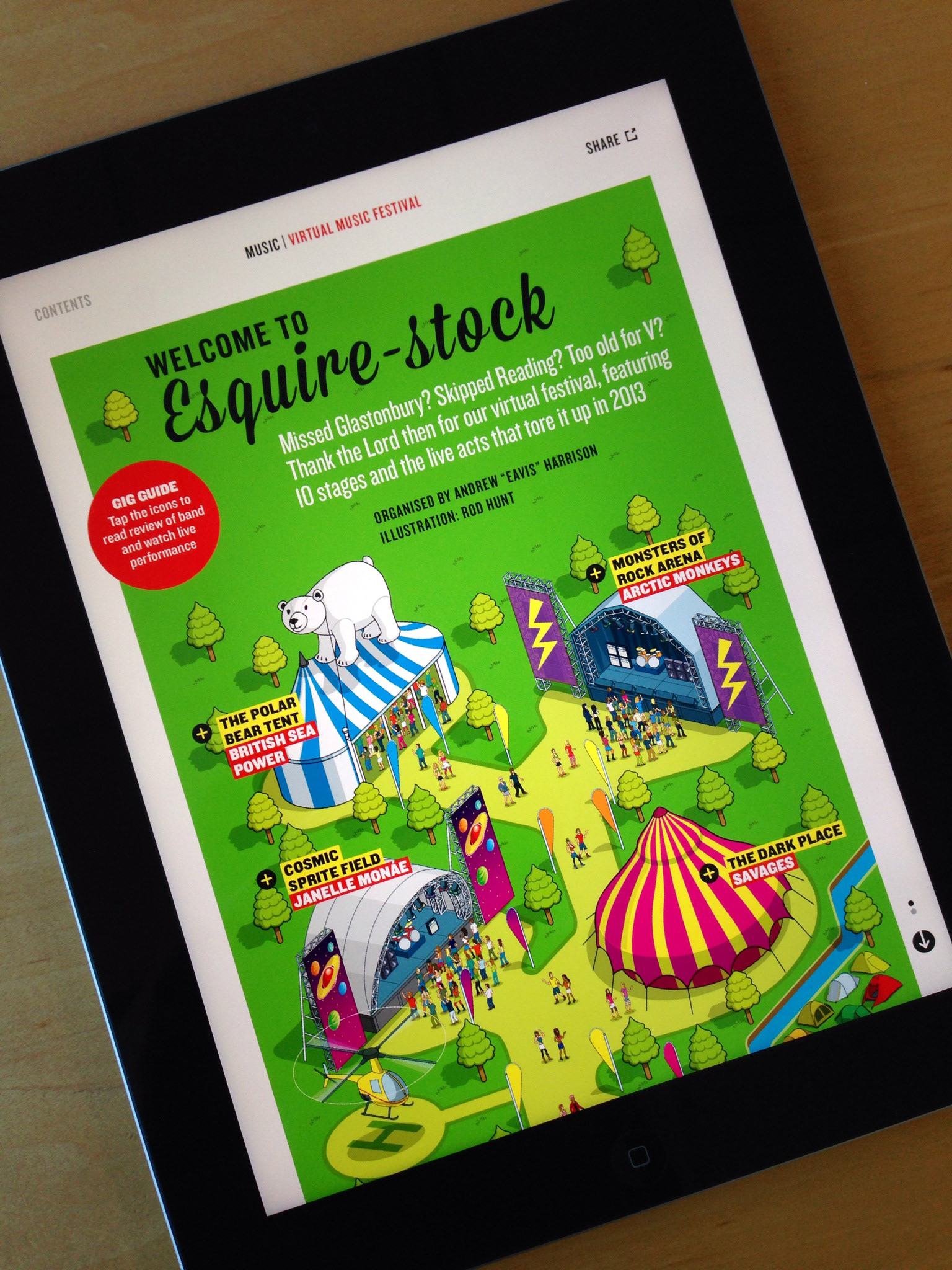 Illustrated Music Festival site maps - different stages, facilities, tents, camping, food 