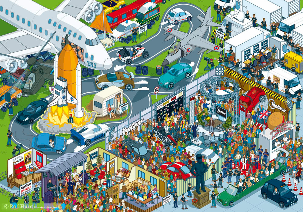 Top Gear track and studio illustration for the Where's Stig? Where's Wally/Waldo style search and find book