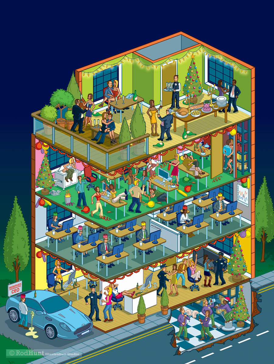 Christmas Office Party isometric Cutaway Building search and find illustration by Rod Hunt