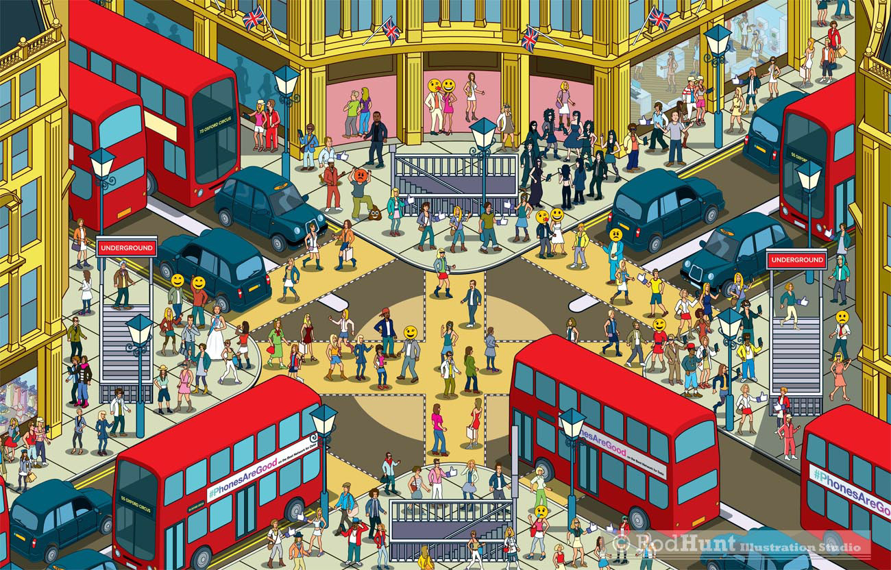 Oxford Circus Retail in-store mural Illustration - detailed isometric city mural illustrator