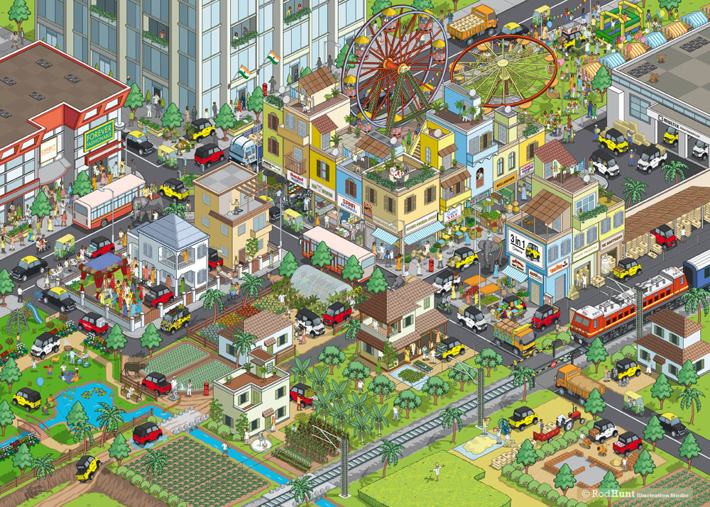 Isometric cityscape illustration, India City - automotive advertising campaign launching the Multix, a new car and personal utility vehicle for the Indian market using 3D axonometric illustrations