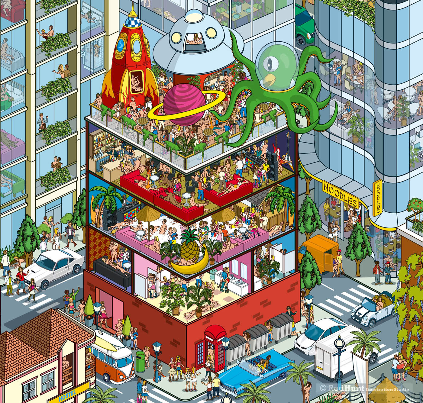 Crazy happenings in the #sharethelove night club illustration