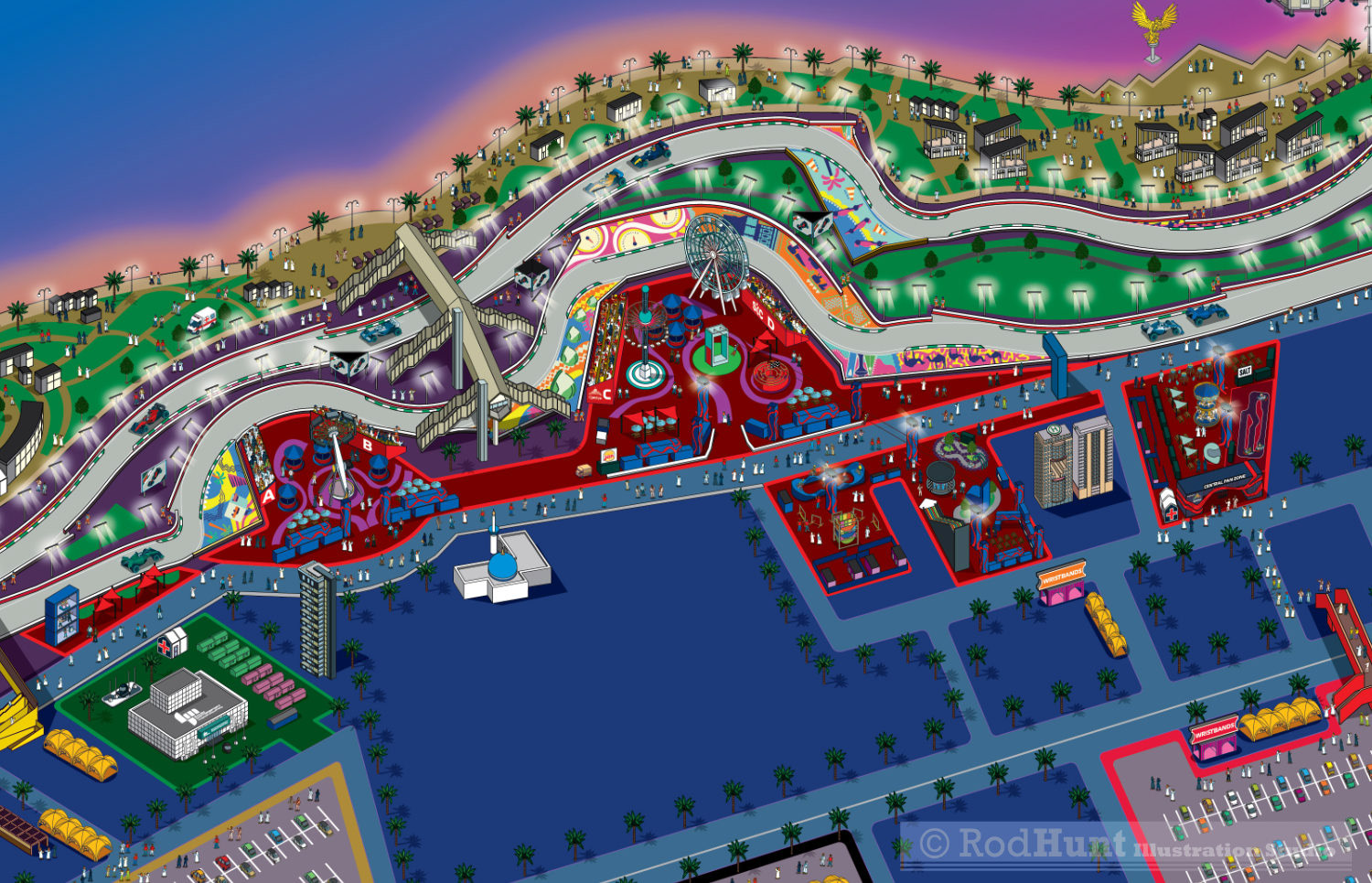 Formula One Track Map Design . Fan Villages show in a pictorial map of the F1 Saudi Arabian Grand Prix 2023 - Sports Event Illustration created by Rod Hunt