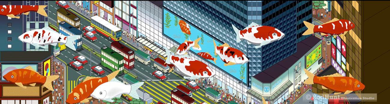 Koi fish site-specific HD video screen wall animation illustration Hong Kong - advertising campaign motion graphics animation