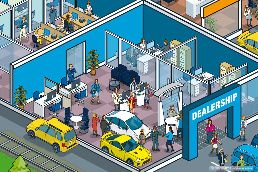 Car dealerships illustrated in 3d isometric illustration for a large automotive business
