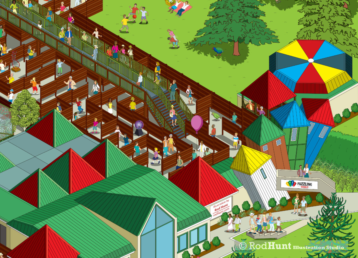 Isometric pictorial Map illustration for printed vinyl wall mural in the tourist attraction's puzzle room and cafe