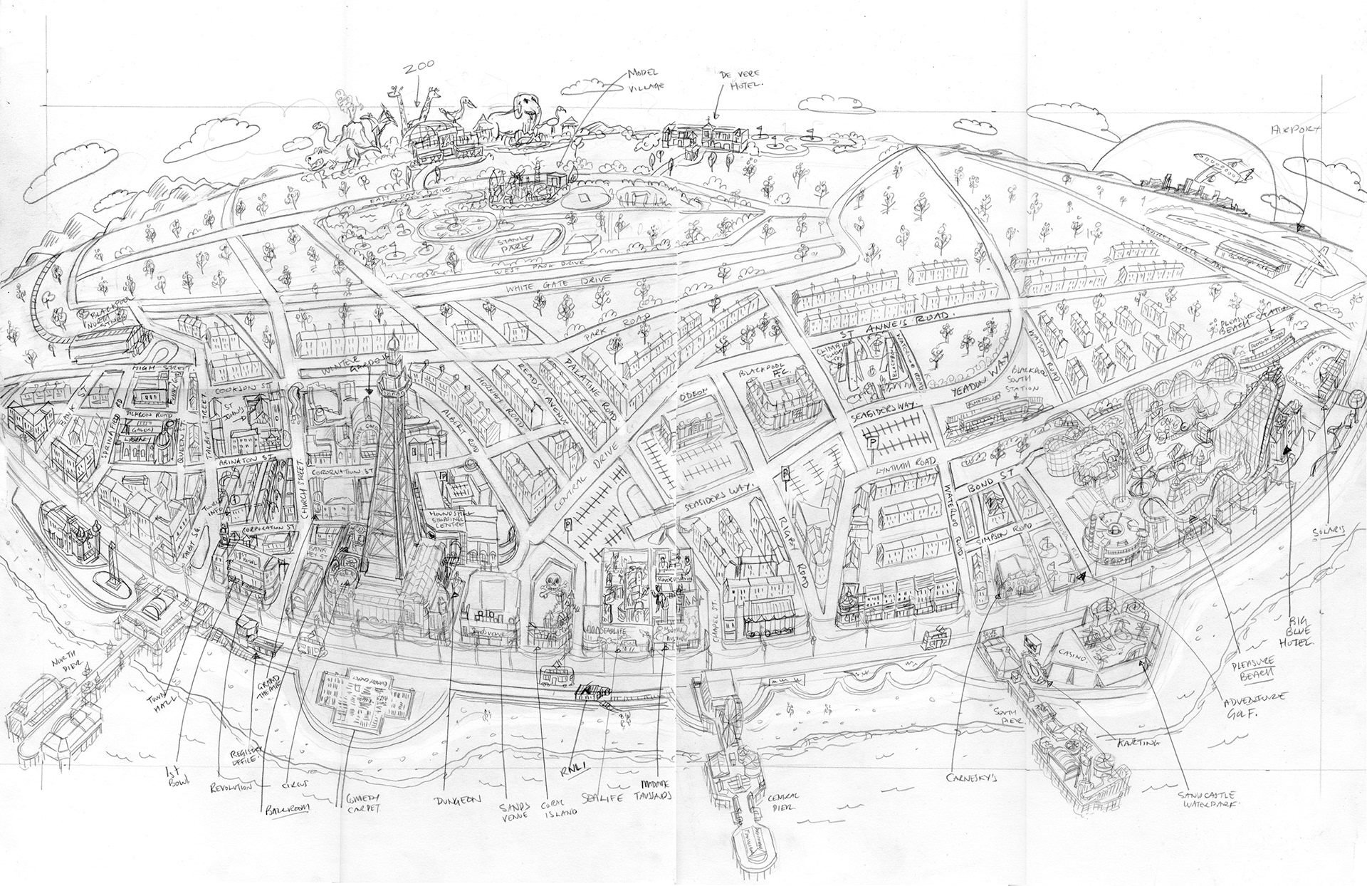 Original Pencil Drawing for City Map