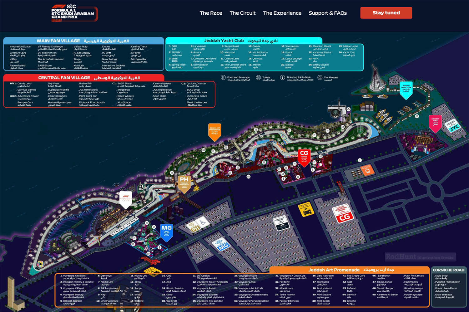 F1 Saudi Arabian Grand Prix 2023 - Jeddah Corniche Circuit Track - detailed sport event map isometric illustration for wayfinding