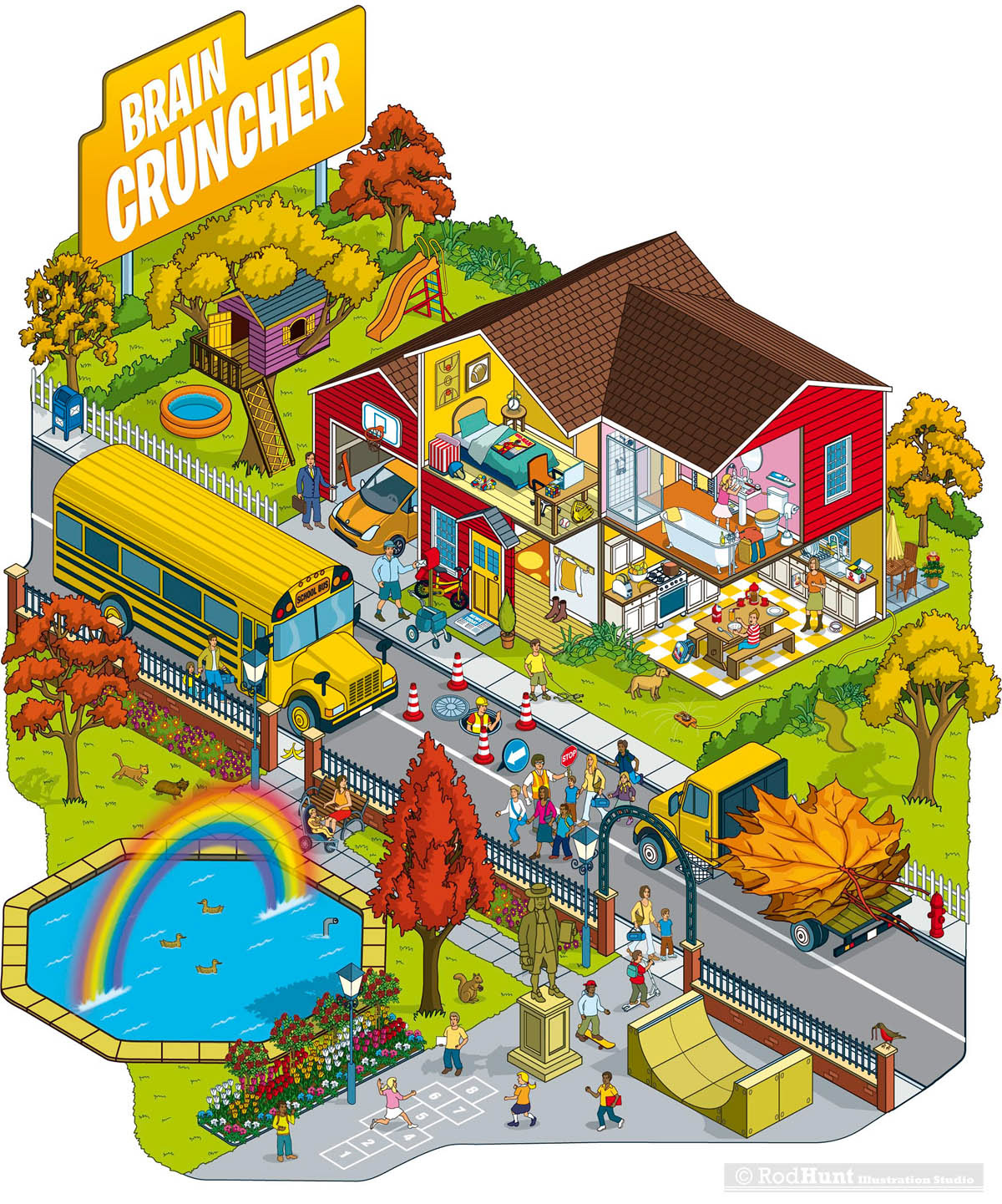 Quaker Life box packaging game illustrations by Rod Hunt