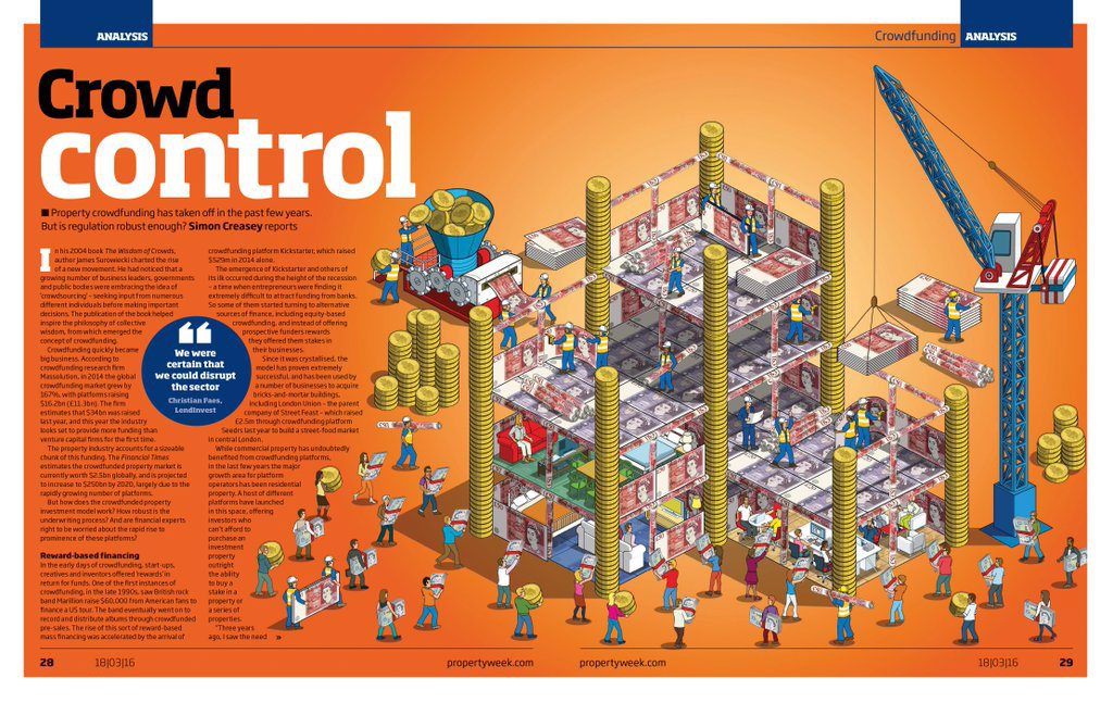 Double page spread editorial illustration on money & finance for business crowdfunding