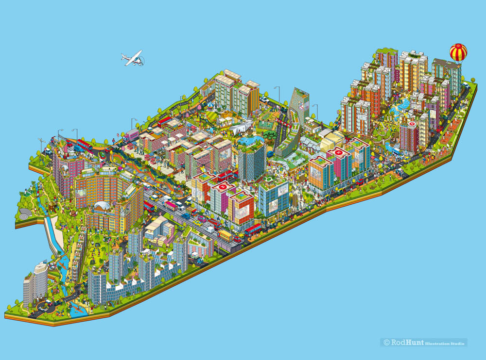  Illustrated Property Development Maps - Bhartiya City Isometric property development map illustration used for a major advertising campaign by map artist Rod Hunt