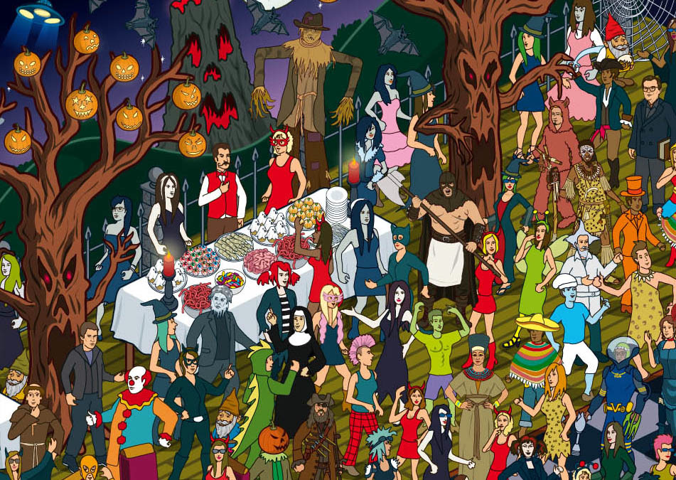 Halloween search and find pictures in Where's Waldo style used for the Goosebumps movie marketing and promotion ask an online puzzle game