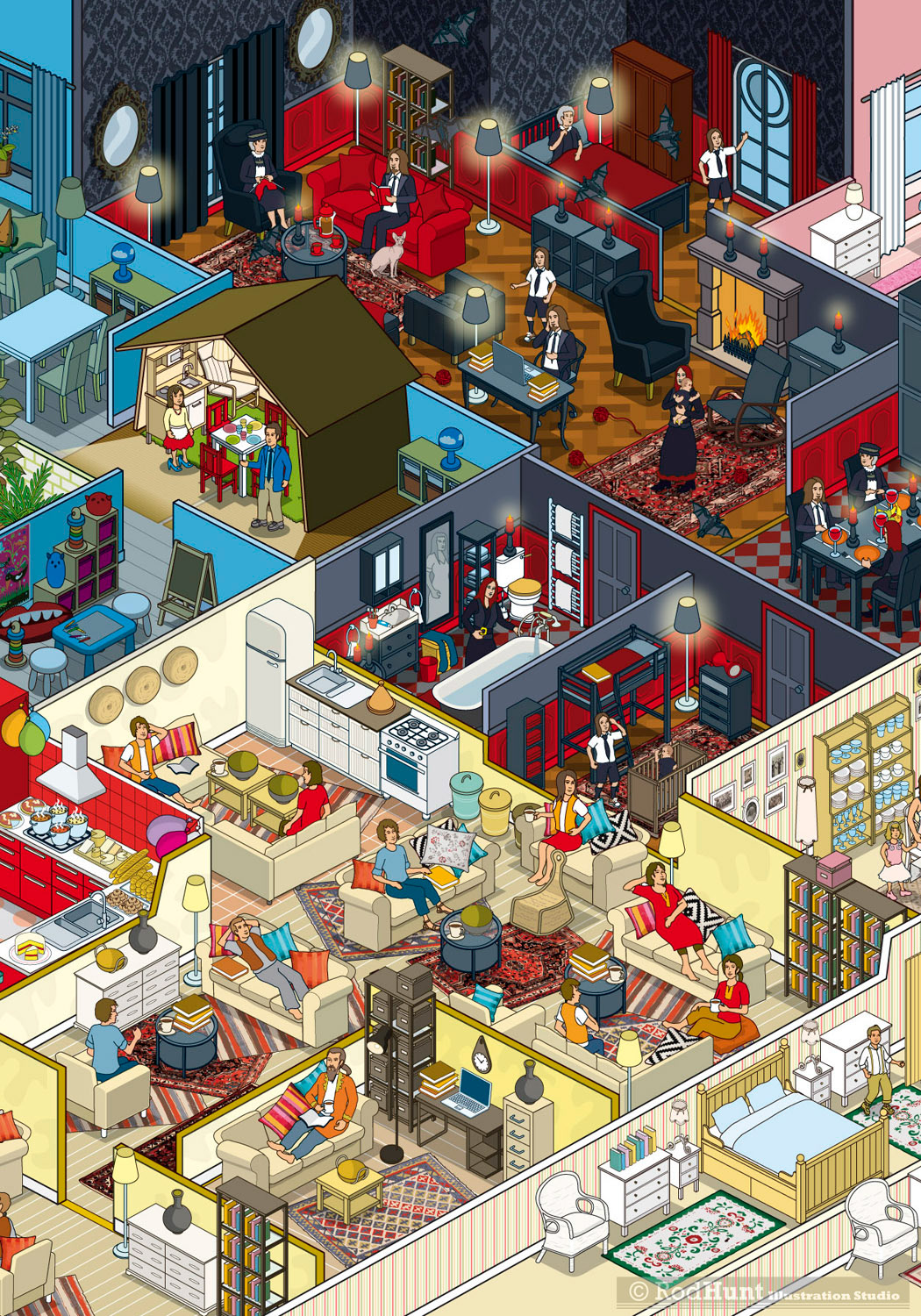 Isometric pixel art apartments and homes IKEA Furnishings Illustrated for advertising campaign