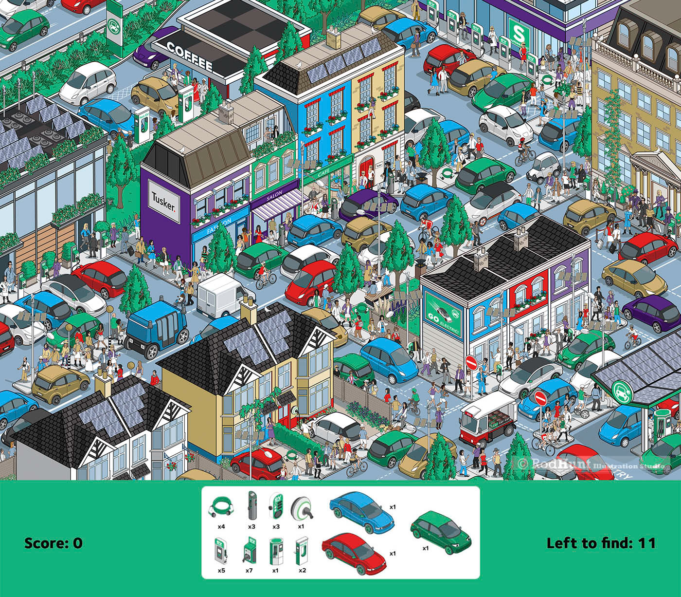 Where's EVie? Tusker Electric Car Search and Find Game illustration