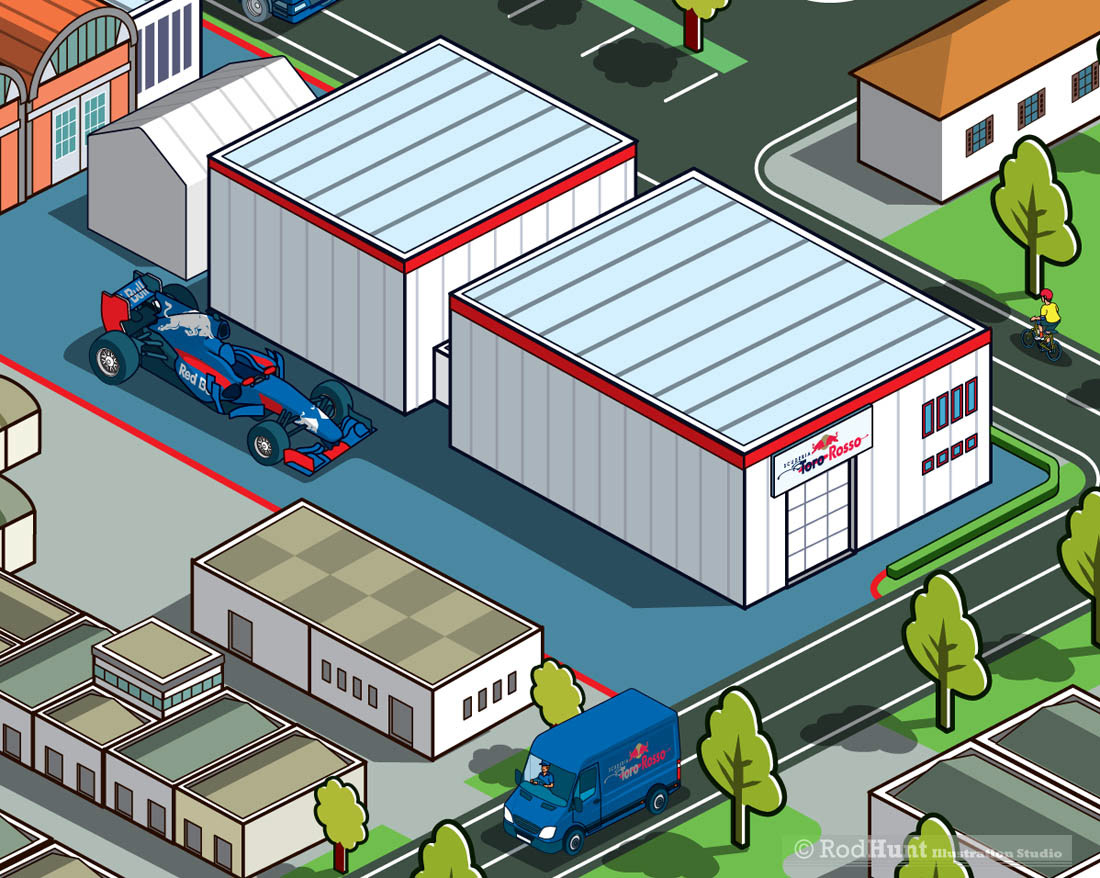 F1 Factory Racing Guide Illustrations in Isometric Perspective featuring Formula 1 cars