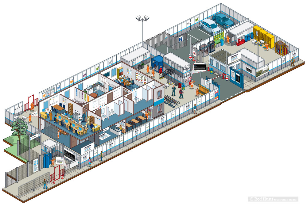 3D Cutaway diagrams and interior plans for an office