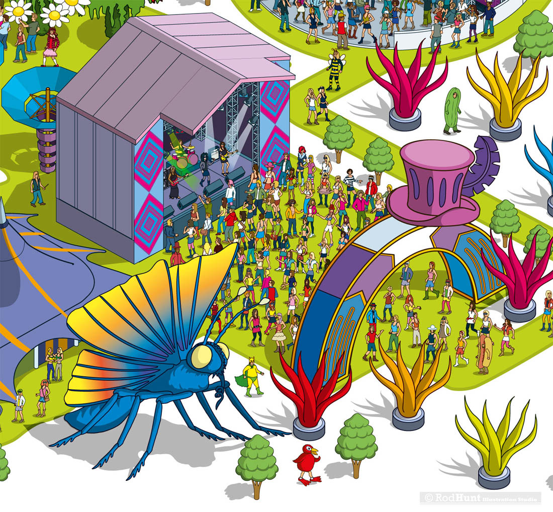 Isometric illustrations of a music festival and rock concert