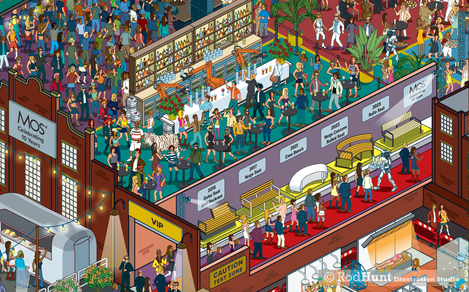 where's Waldo / Wally style Party illustrated in isometric perspective