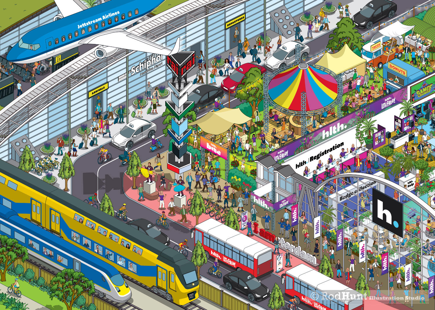 Isometric pixel art cityscape of Amsterdam for Search and Find concertina book using Wimmelbilderbuch type illustration