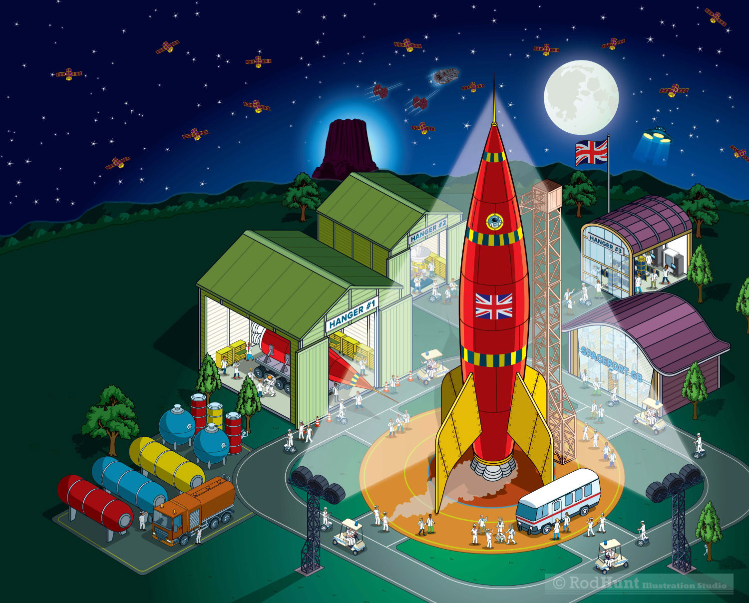 Spaceport and Space Industry Rocket Launch Industry Illustration, including Nasa, Spacex and United Launch Alliance