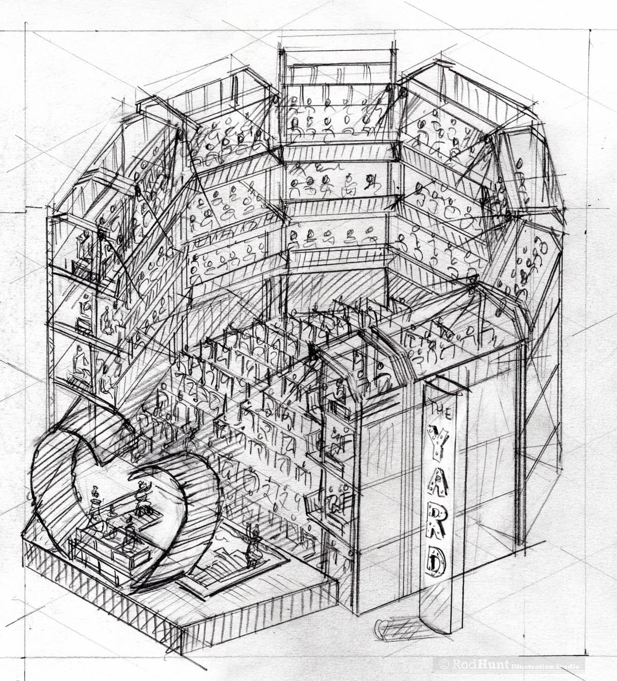 Original sketch for a hand drawn architectural visualisation of a theatre and entertainment venues 