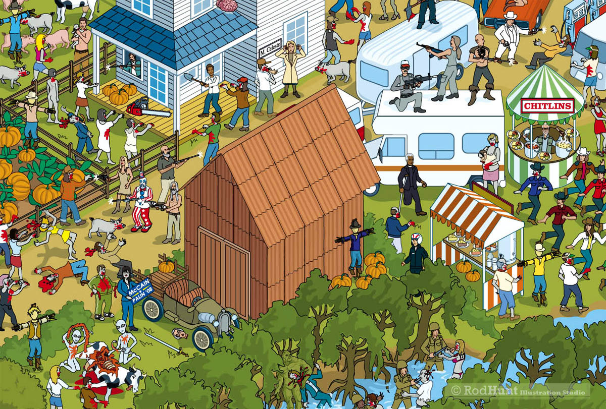 Horror Films illustrated in a busy Search and Find scene