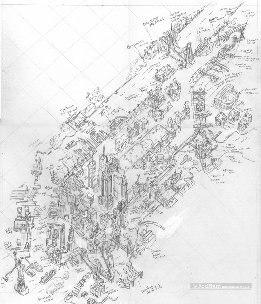 Hand drawn New York Map illustration. Original pencil sketch for illustrated maps