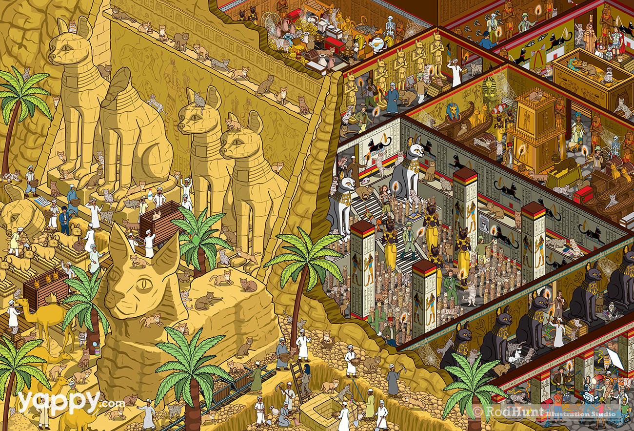 Yappy.com Where's Your Cat/Dog? Adventures in Meowtown: Personalised search and find Book - Egyptian tomb, artefacts and archaeological dig illustration