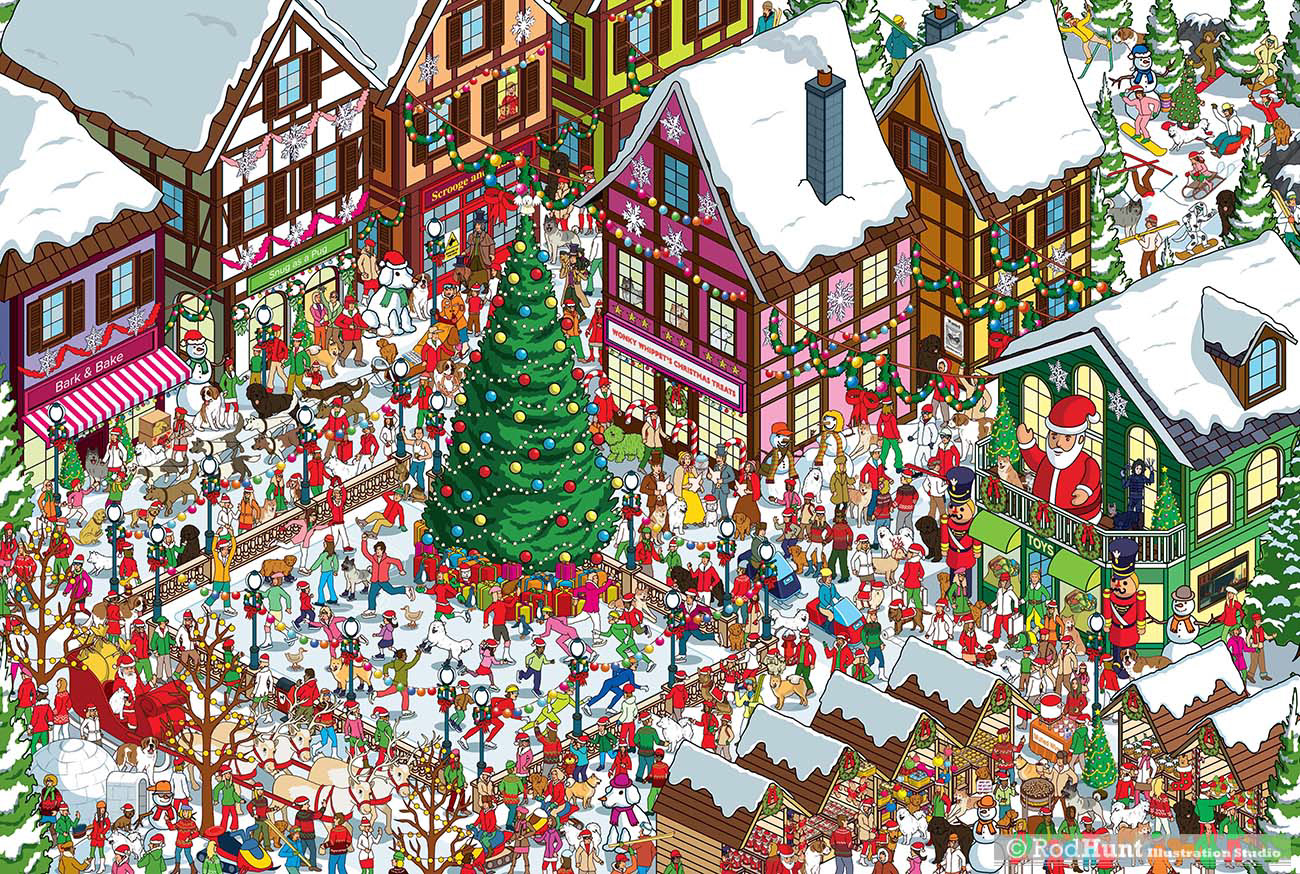 Christmas festival Where's Your Dog? Personalised Waldo / Wally style search and find book  - Santa Paws Winter Wonderland Illustration