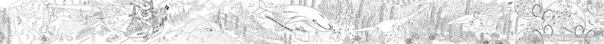 Large scale Black and white line art illustrations for a colouring wall mural installation