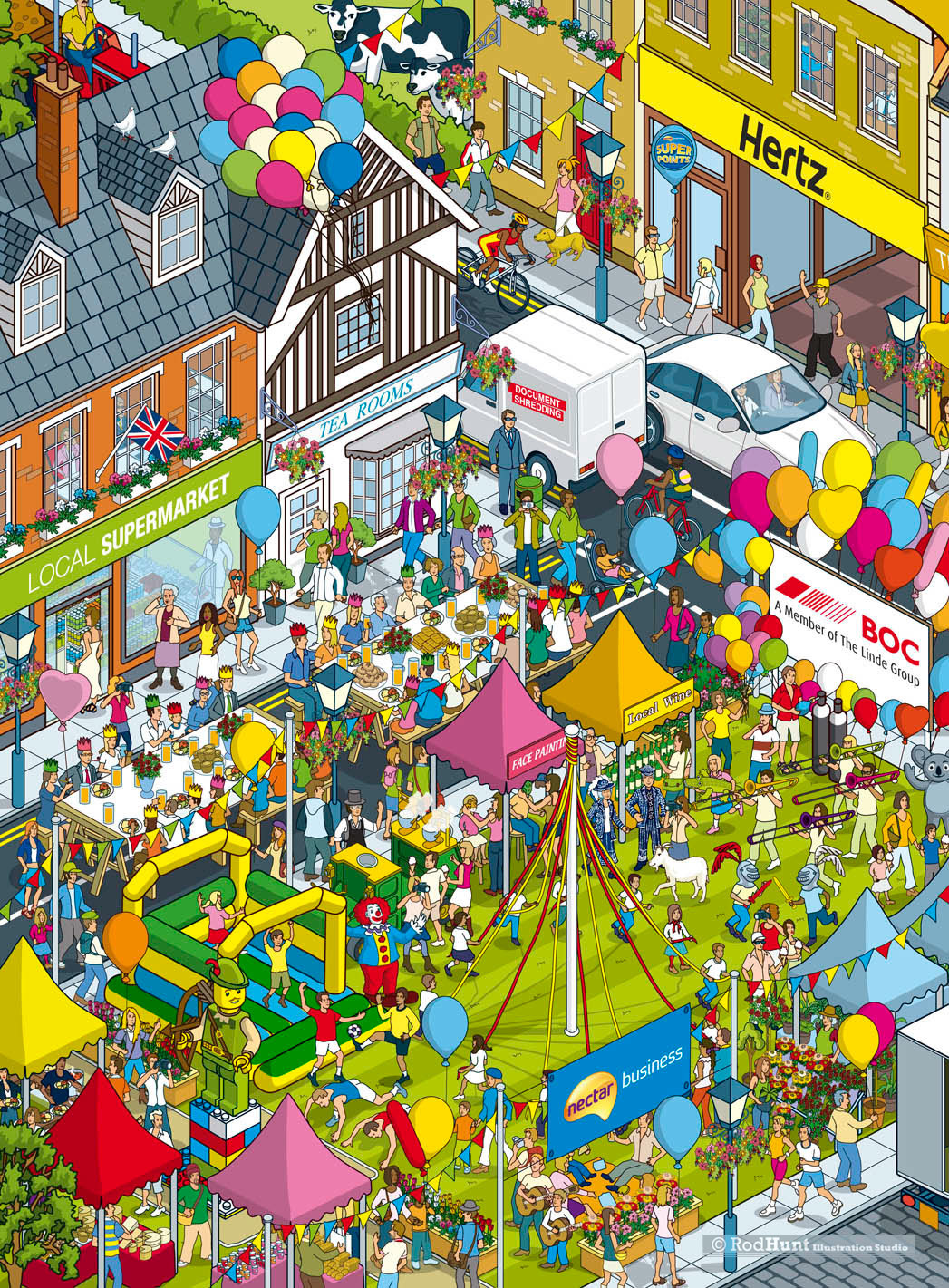 Busy illustration of a community event for a business marketing competition 