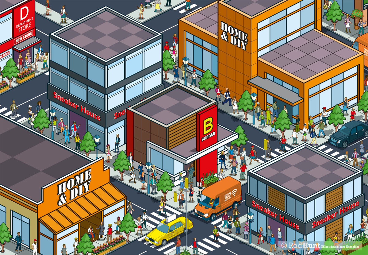 Pixel art cities illustrated by Rod Hunt