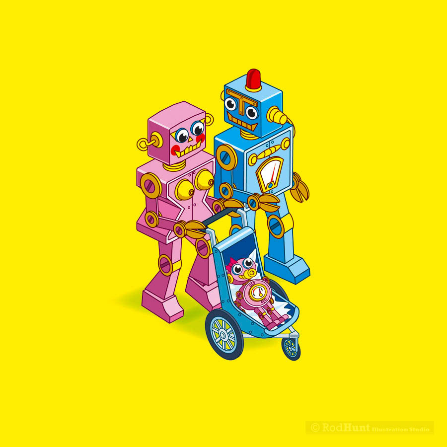 Character designer Rod Hunt created this cute retro robots for a poster and art print