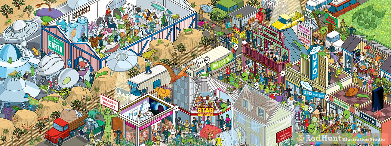 Yappy Where's your dog / cat? Wild Ride to... Search for the hiddenoblects in this illustrated puzzle book - Roswell New Mexico Alien and UFO festival illustration