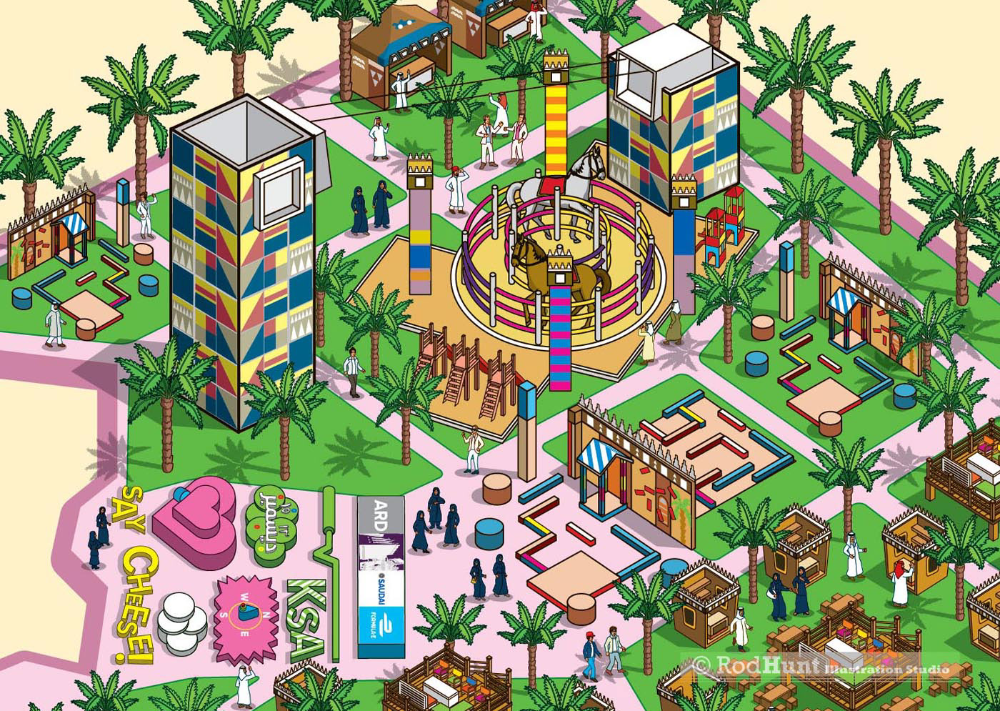 Theme Park Attractions Fan Zone Map Illustration for sporting events