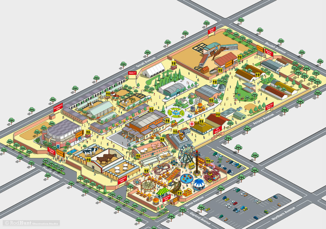 Map artist Rod Hunt created this illustrated cartoon map for Colorado's State Fair Visitor Guide