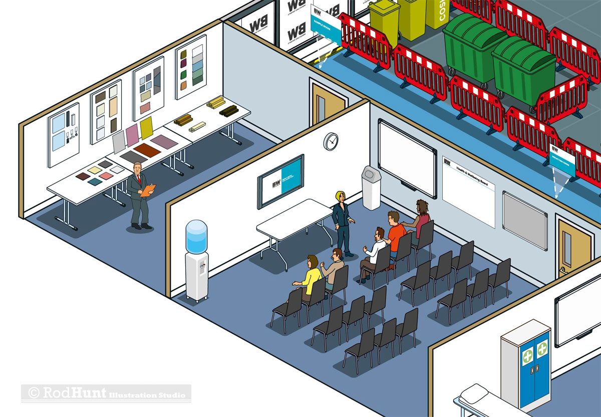 Construction site up guide infographic illustrations for office fit out company BW Group