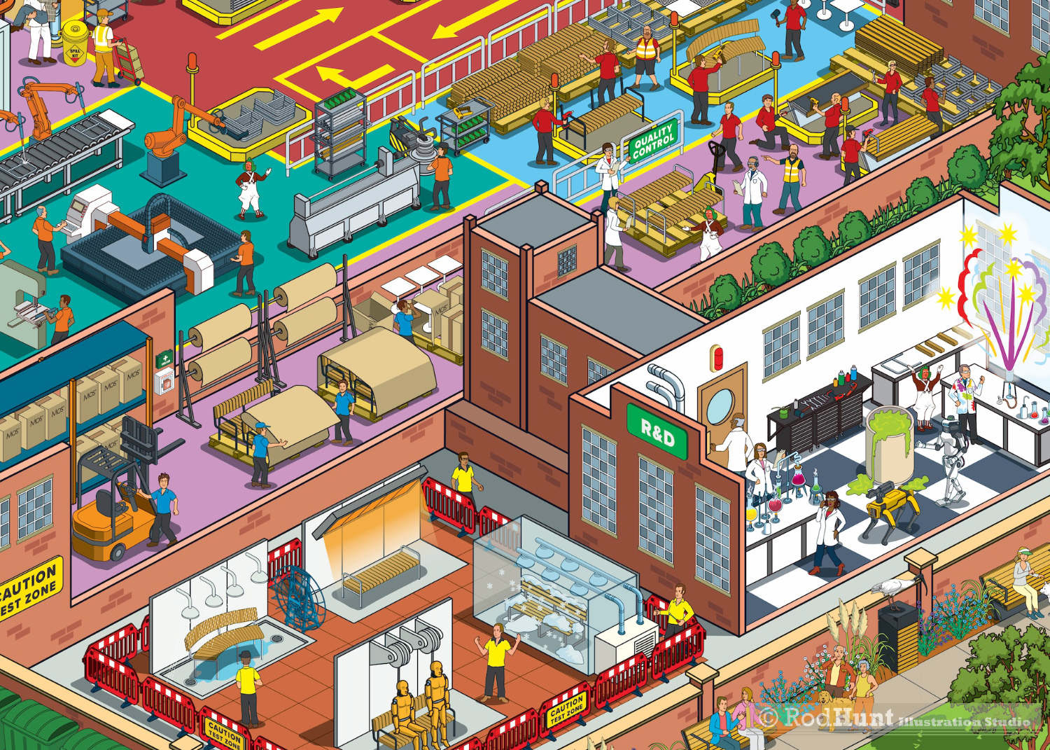 Manufacturing processes in a cutaway factory infographic illustration created by Rod Hunt