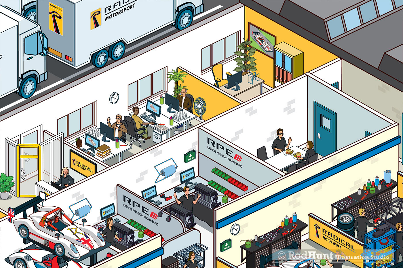Radical Motorsports - Racing Car Factory in Peterborough - cutaway cross section diagram illustrated by Rod Hunt for the iconic racing car manufacturer