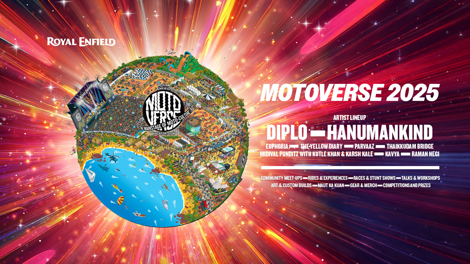 Royal Enfield Motoverse music and motorcycle culture festival illustration for advertising and marketing campaign. A Bold Colourful illustrated Music Festival Poster