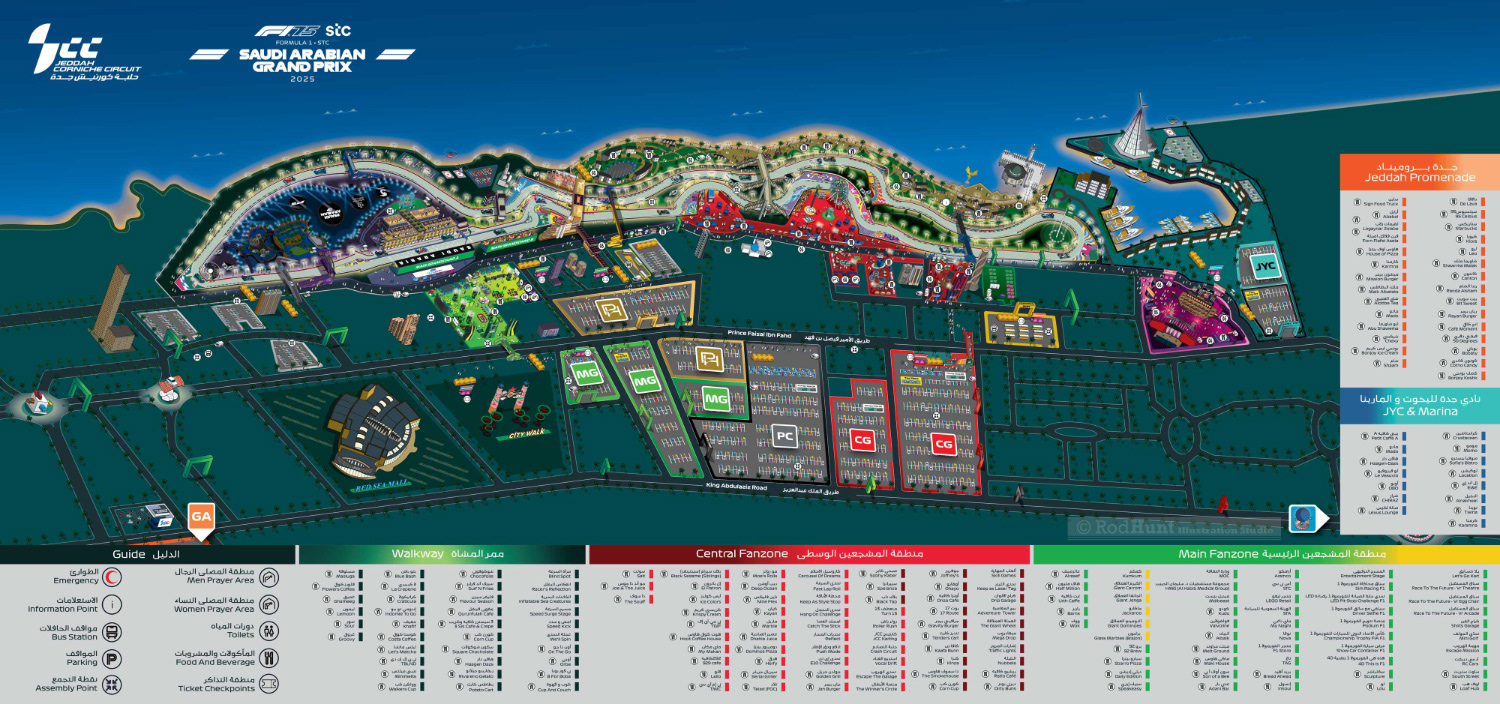 2025 Saudi Arabian Grand Prix Circuit and venue map - illustrated sporting event maps by Rod Hunt