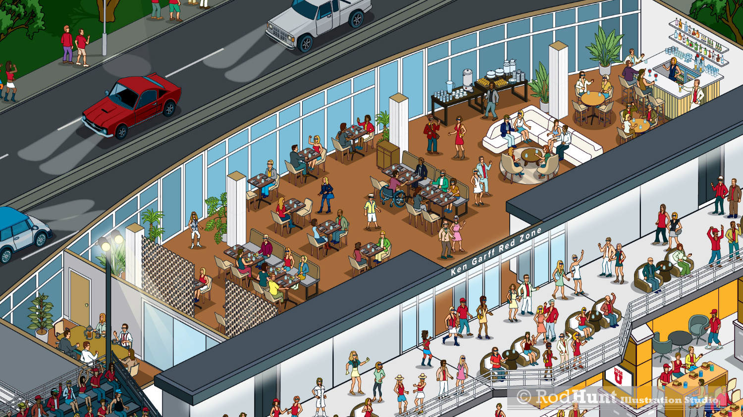 Restaturant illustration for Ken Garff University Club, illustrated diagram cutaway building showing the facilities at the sporting arena