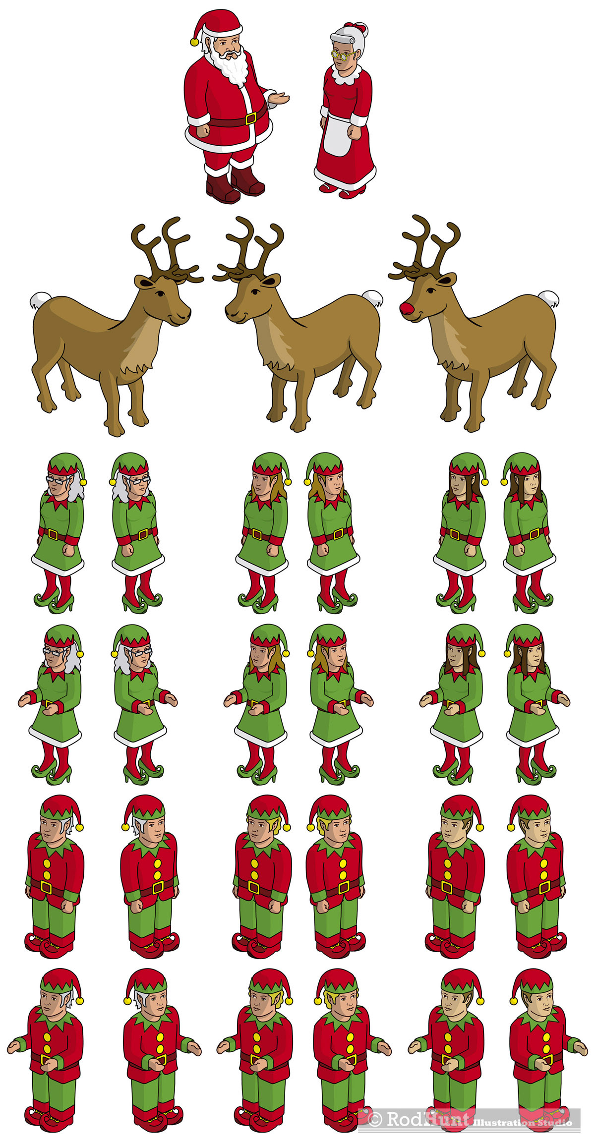 Animated Christmas Advertising Campaign Illustrations and Character Designs - Santa Claus, Mrs Claus, Elves and Reindeer