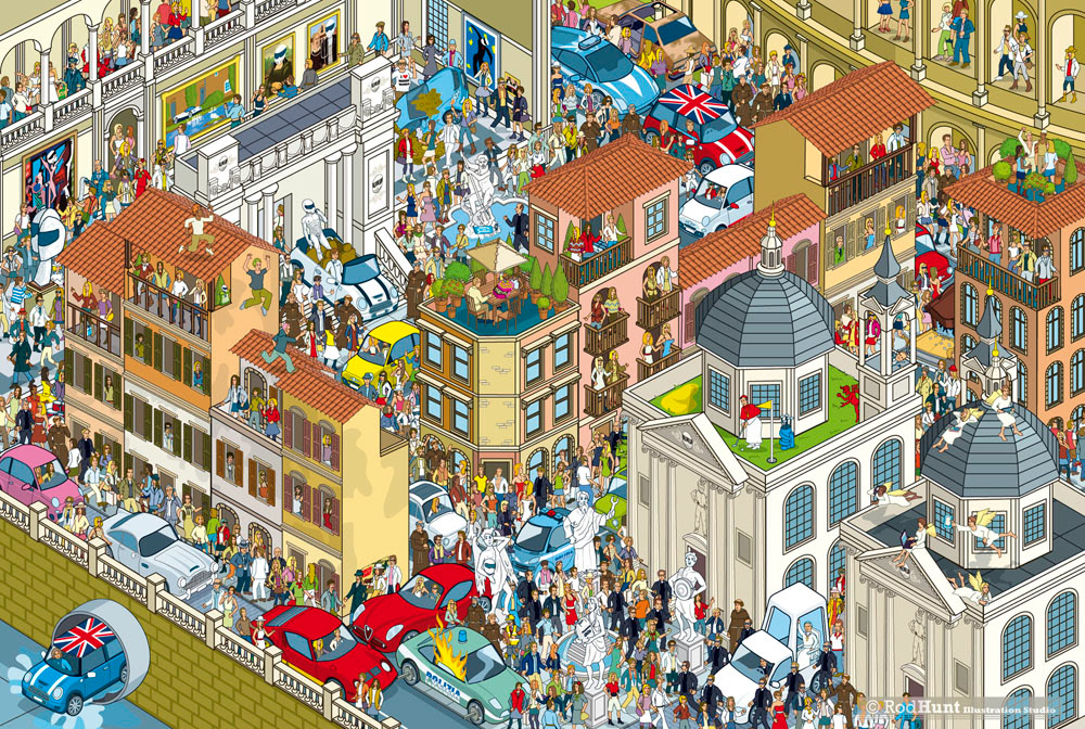 Rome travel Where's Wally / Waldo style illustrations for a seek and find picture book