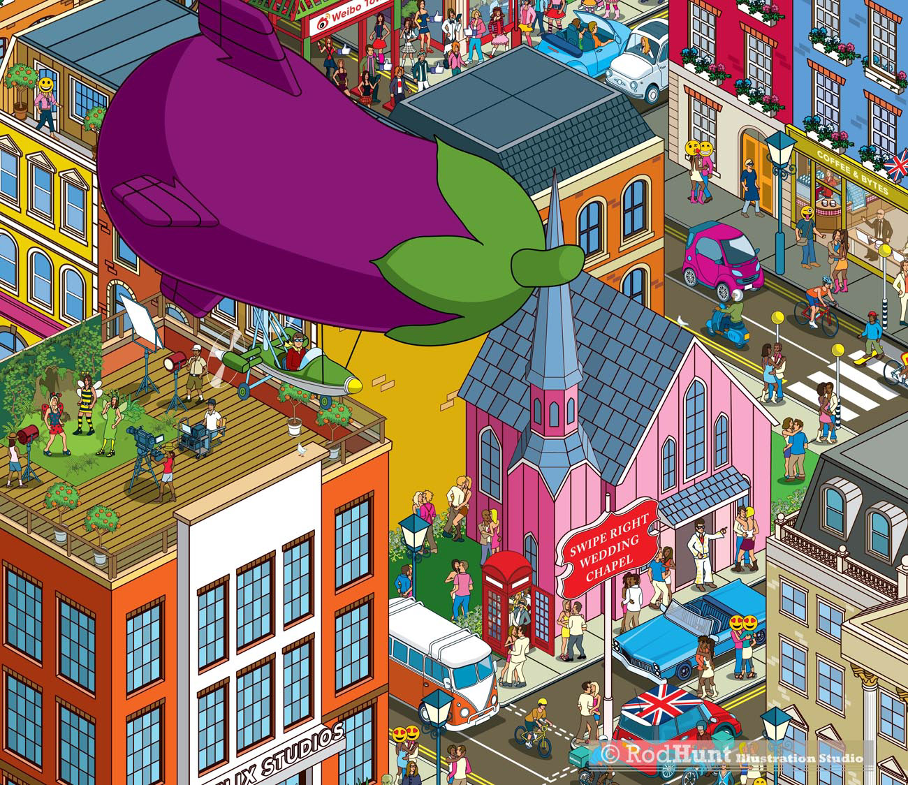 busy city cartoon illustration Social Media online - retail store printed mural - Mobile Phone Brand