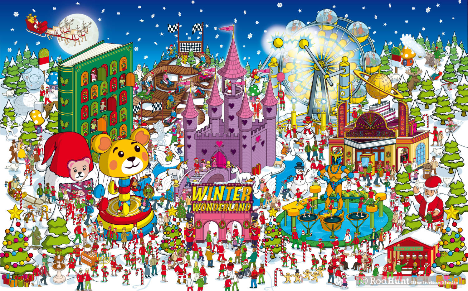 Winter Wonderland Christmas Search & Find Illustration - a Where's Waldo / Wally? style illustration by Rod Hunt
