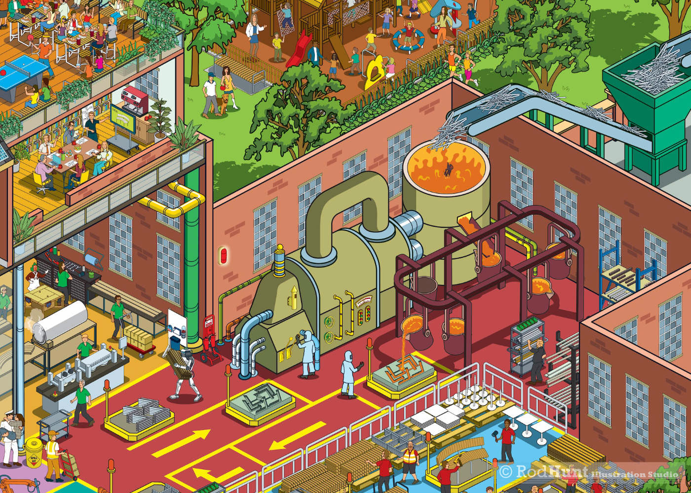 Building Cross Section Illustration of a factory an production processes for a street furniture company