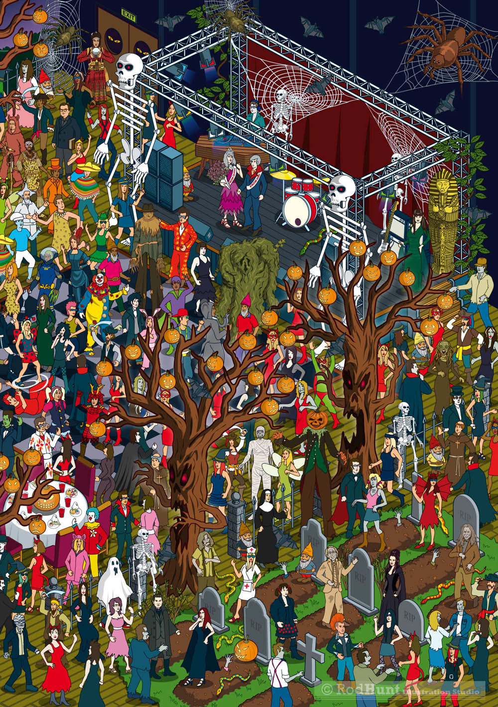 Where's Waldo / Wally type Search and Find Illustration of a spooky Halloween dance fr the marketing of the Goosebumps Movie