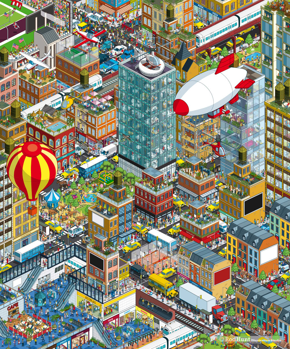 3D Isometric Pixel art city illustrator - Expansive Pixel Art Cityscape drawing and Illustration used in Advertising Campaign for a mobile telecommunications business using axonometric perspective